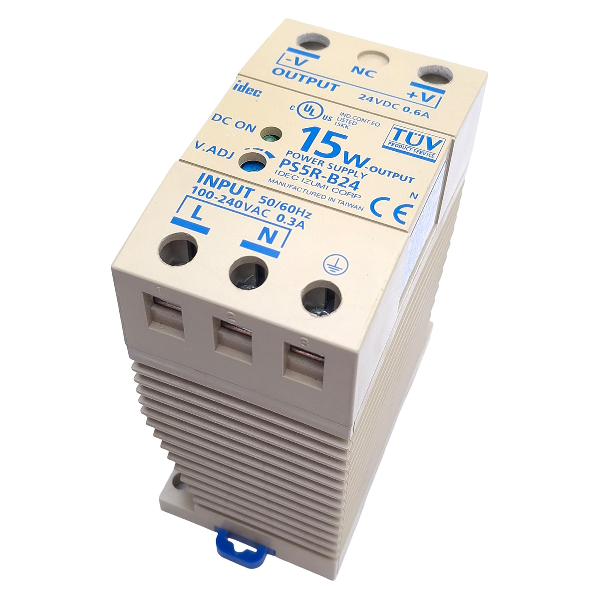 Used Idec PS5R-B24 Switching Power Supply 100-240VAC In, 24VDC 0.6A Out, DIN Rail