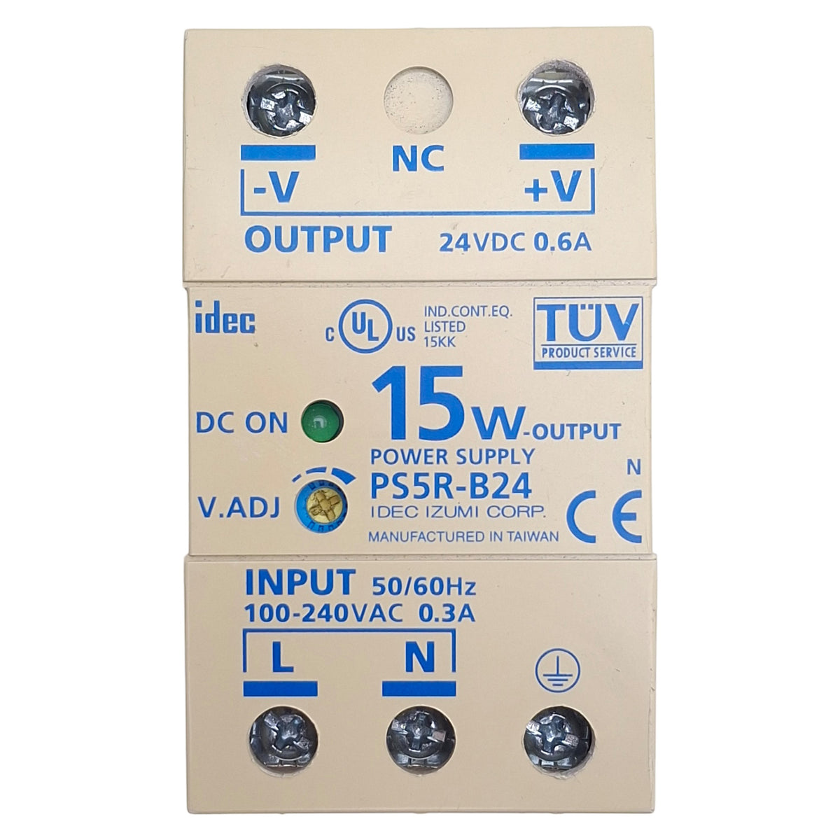 Used Idec PS5R-B24 Switching Power Supply 100-240VAC In, 24VDC 0.6A Out, DIN Rail