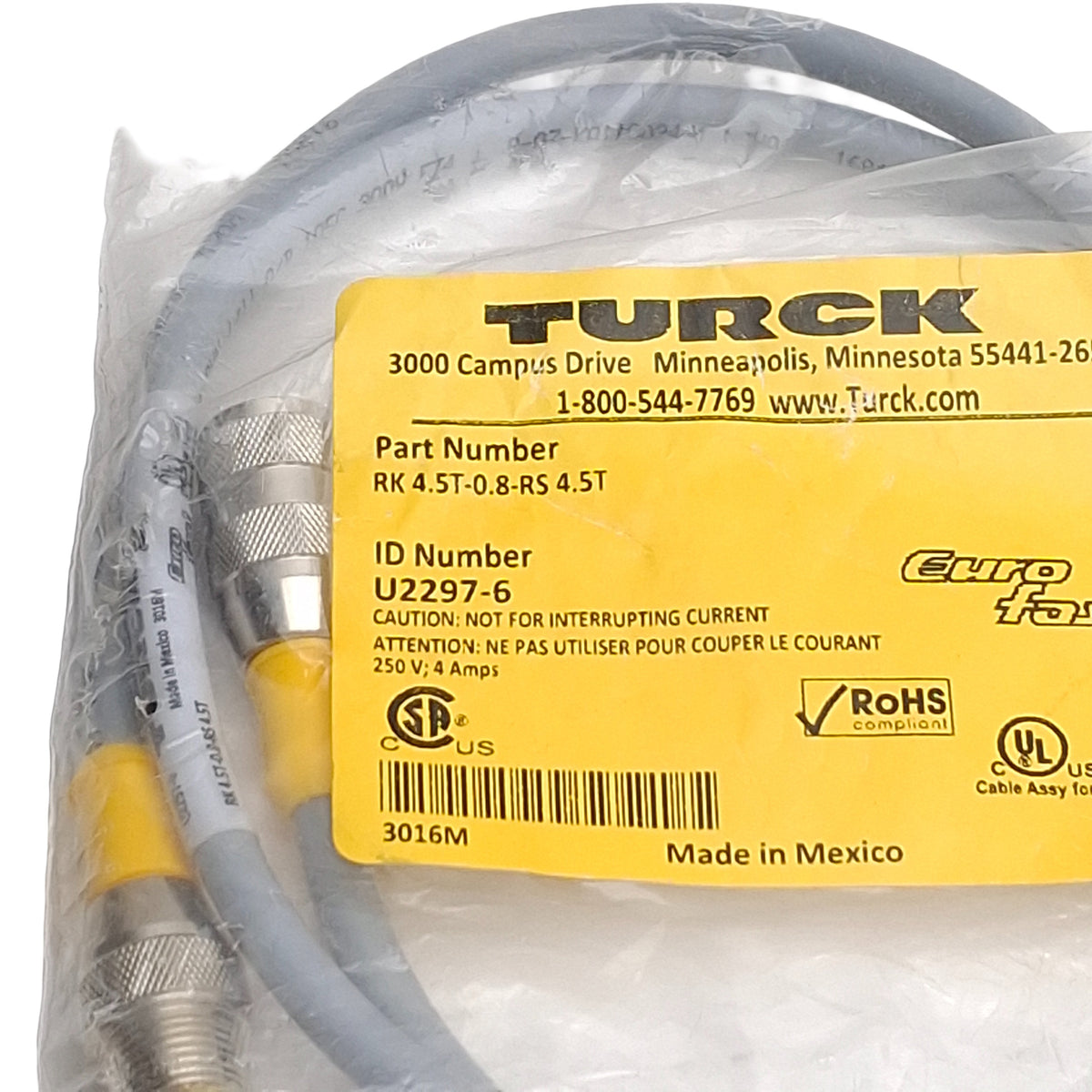 New Turck RK4.5T-0.8-RS4.5T U2297-6 Sensor & Actuator Cable, M12 5-Pin M-F, 0.8meter