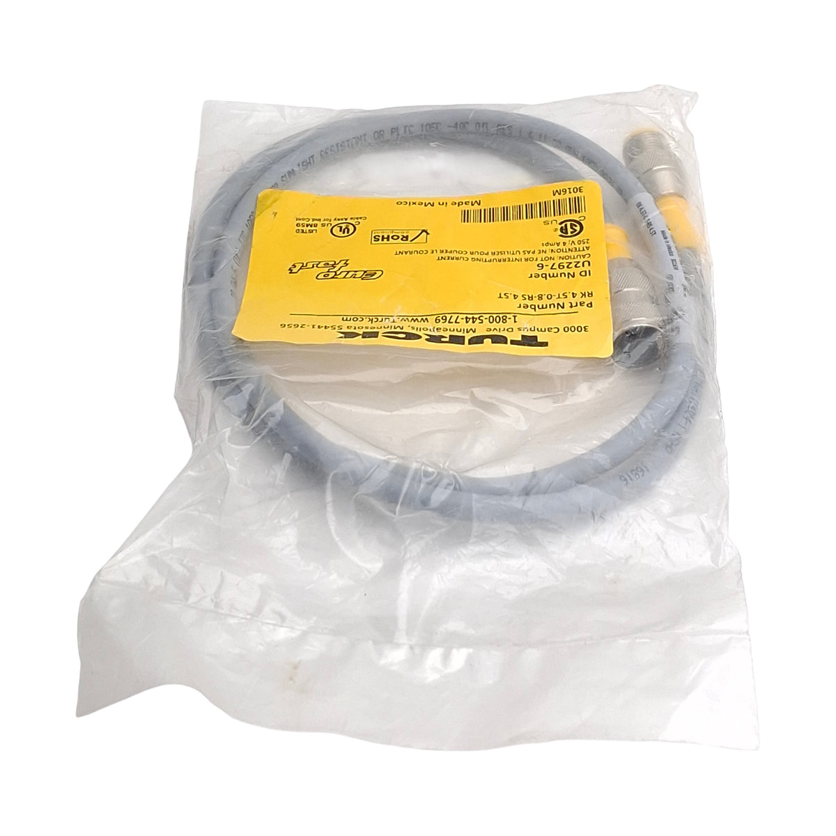 New Turck RK4.5T-0.8-RS4.5T U2297-6 Sensor & Actuator Cable, M12 5-Pin M-F, 0.8meter