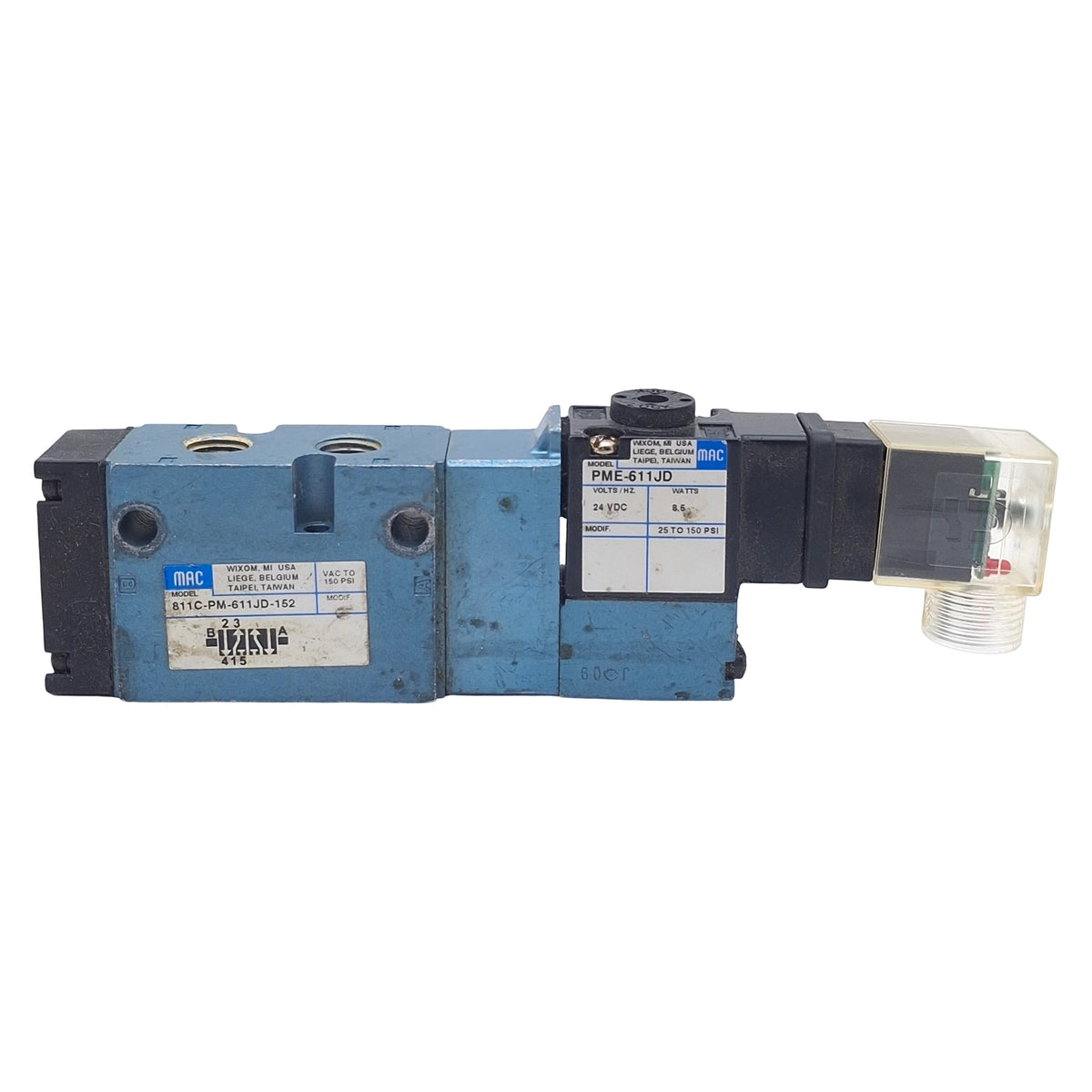Used Mac 811C-PM-611JD-152 Solenoid Valve, 5/2-Way, 1/4in NPT, 25-150psi, 24VDC Coil