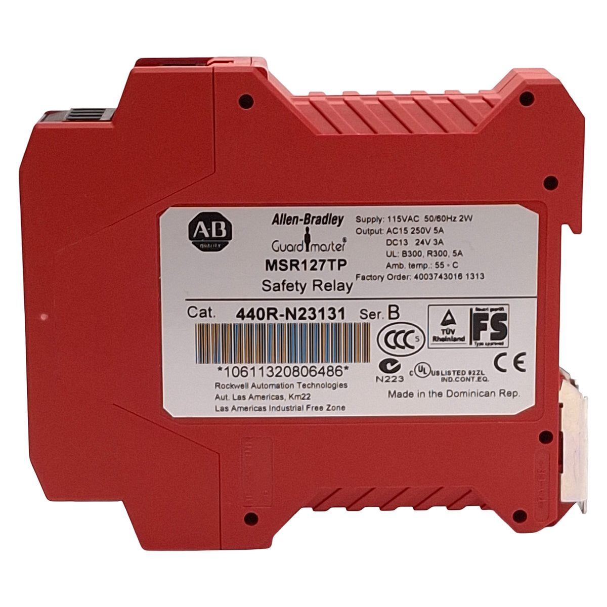 Used Allen Bradley MSR127TP 440R-N23131 Monitoring Safety Relay, 3NO+1NC Aux, 115VAC