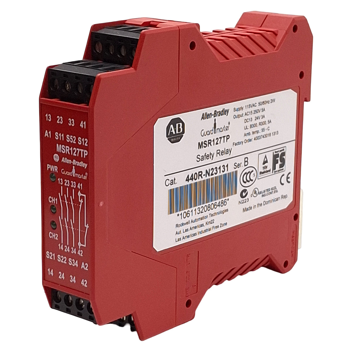 Used Allen Bradley MSR127TP 440R-N23131 Monitoring Safety Relay, 3NO+1NC Aux, 115VAC