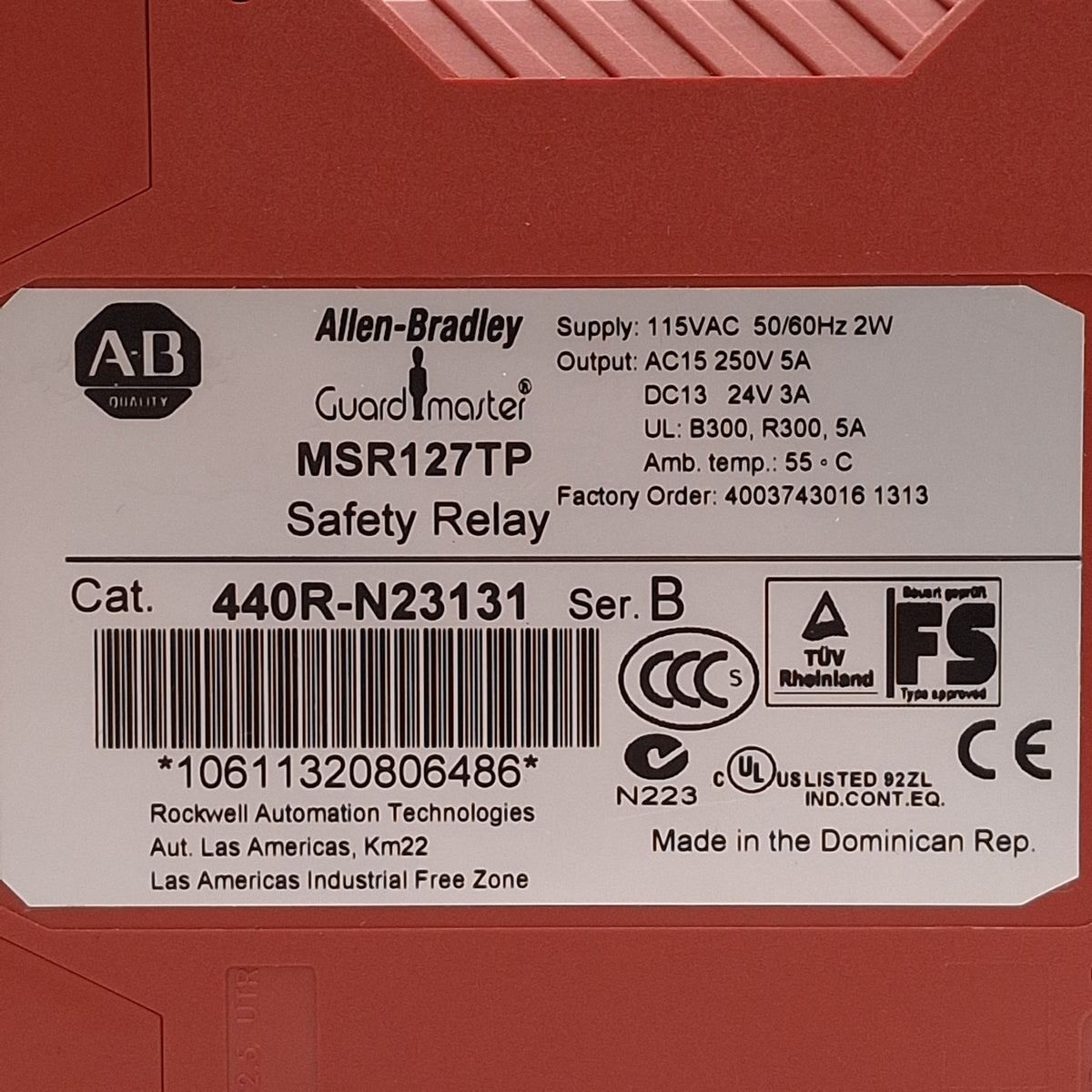 Used Allen Bradley MSR127TP 440R-N23131 Monitoring Safety Relay, 3NO+1NC Aux, 115VAC