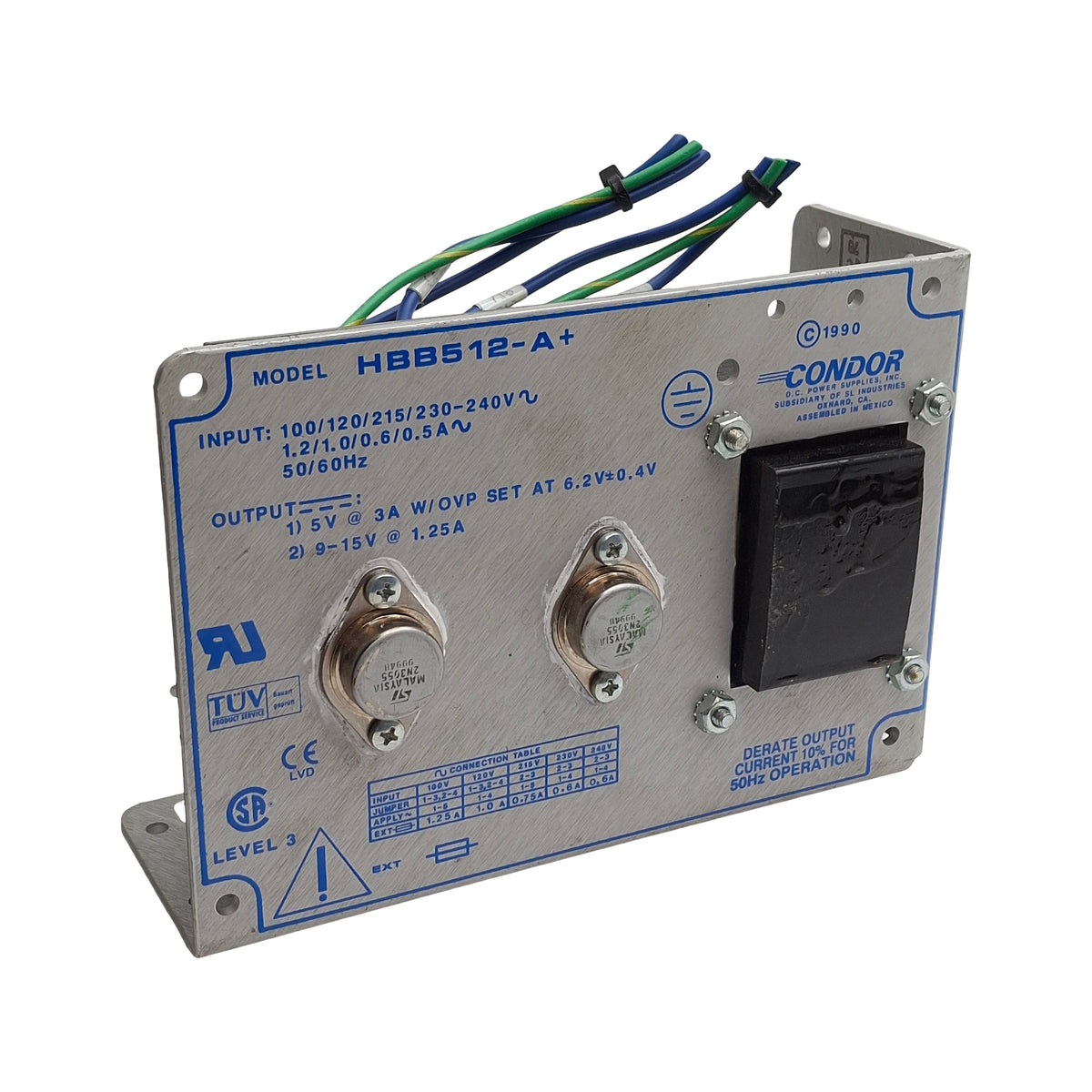 Used Condor HBB512-A+ Dual Output Power Supply, 100-240VAC to 5VDC 3A / 9-15VDC 1.25A