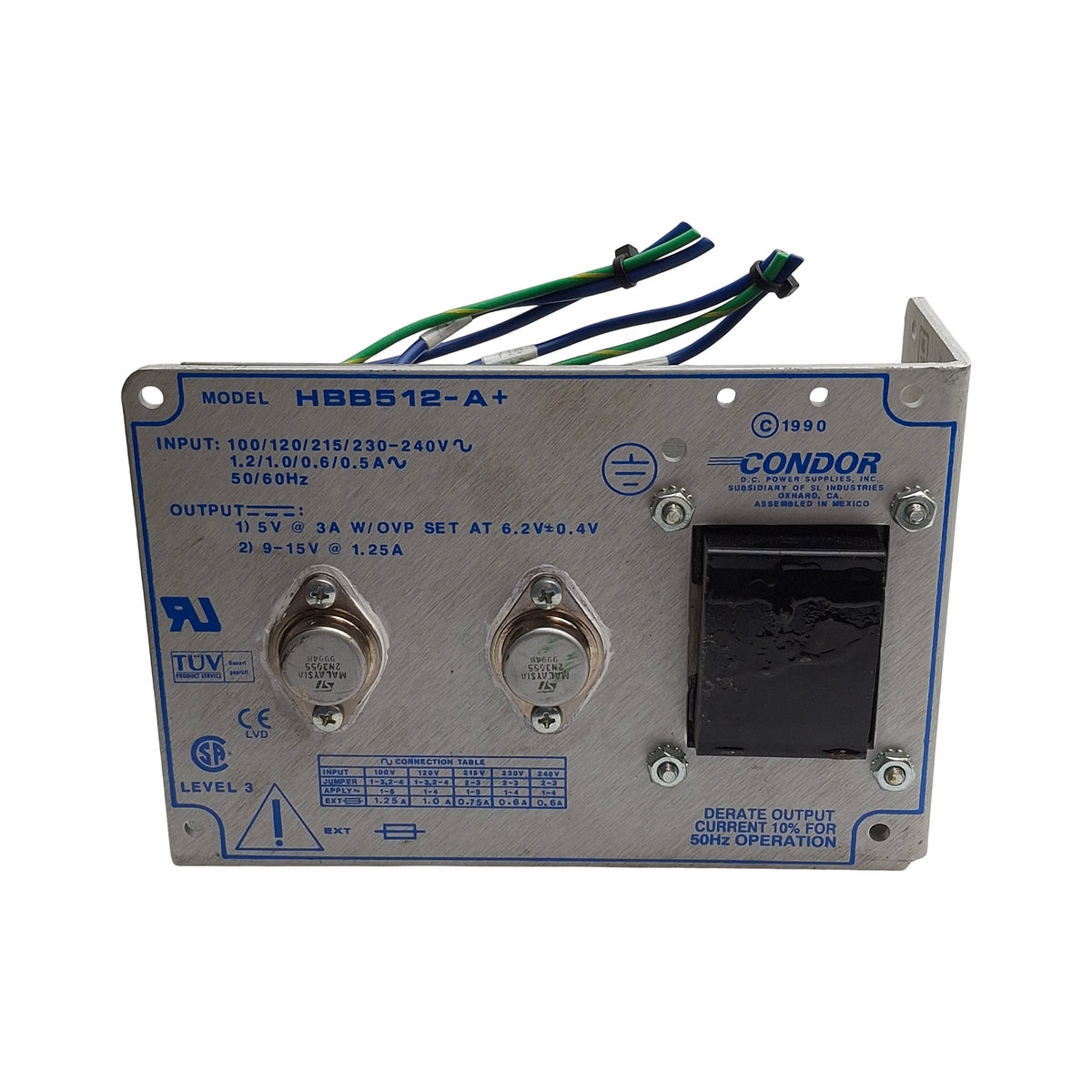 Used Condor HBB512-A+ Dual Output Power Supply, 100-240VAC to 5VDC 3A / 9-15VDC 1.25A