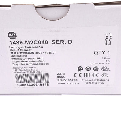 New Allen Bradley 1489-M2C040 Circuit Breaker, 2-Pole 4A, 480Y/277VAC, C-Curve