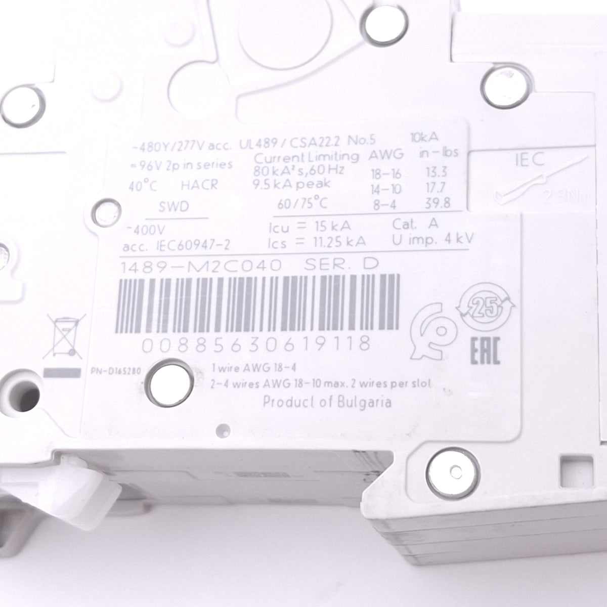 New Allen Bradley 1489-M2C040 Circuit Breaker, 2-Pole 4A, 480Y/277VAC, C-Curve