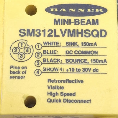 Used Banner SM312LVMHSQD Photoelectric Sensor NPN/PNP, 10-30VDC, 5m Range, 4-Pin M12