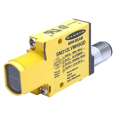 Used Banner SM312LVMHSQD Photoelectric Sensor NPN/PNP, 10-30VDC, 5m Range, 4-Pin M12