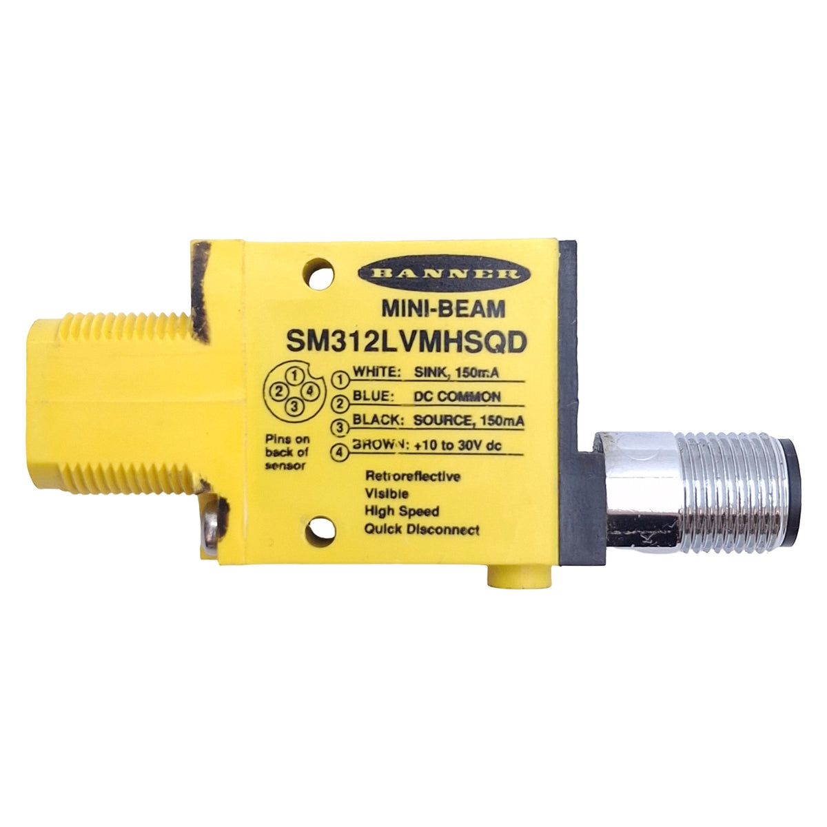 Used Banner SM312LVMHSQD Photoelectric Sensor NPN/PNP, 10-30VDC, 5m Range, 4-Pin M12