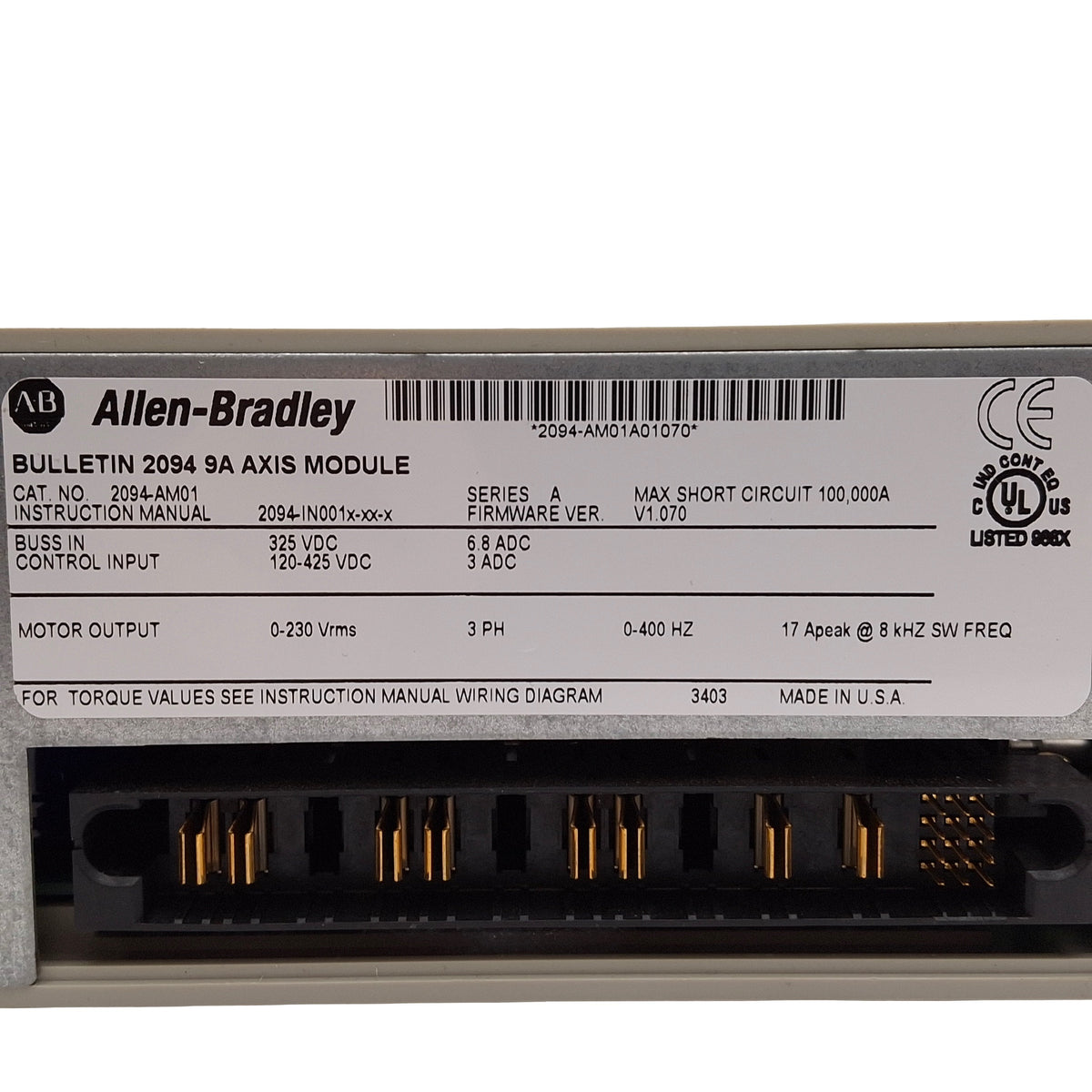 Used Allen Bradley 2094-AM01 Kinetix 6000 9A Axis Module, 1.9kW, 3Ø 0-230VAC 0-400Hz