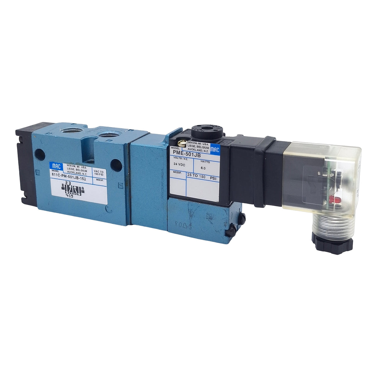 Used Mac 811C-PM-501JB-152 Solenoid Valve, 5/2-Way, 1/4in NPT, Vac-150psi, 24VDC Coil