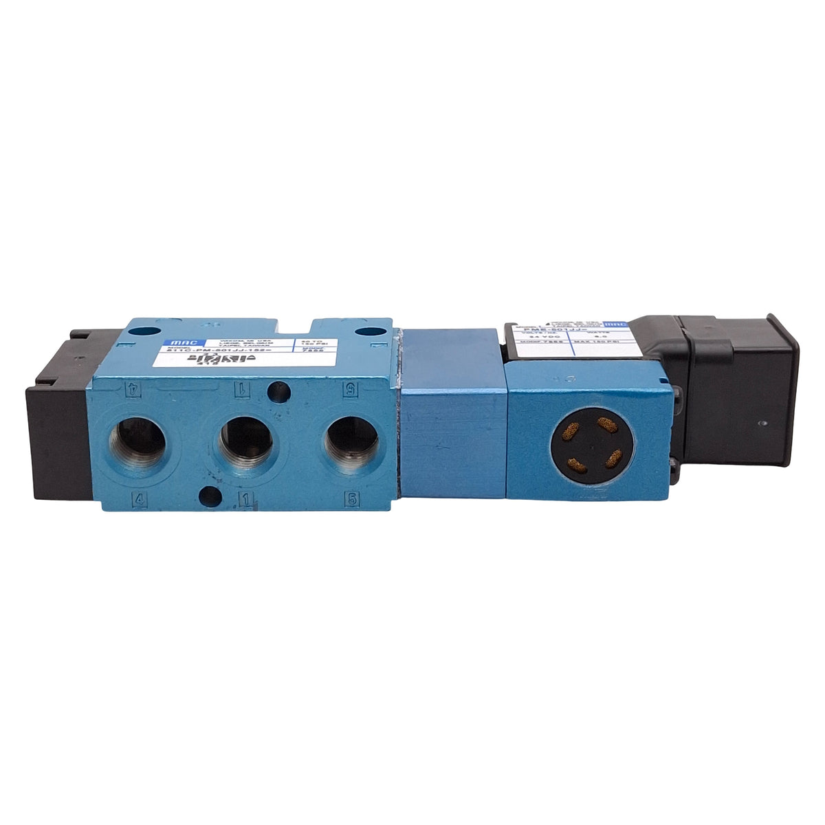 New Mac 811C-PM-501JJ-152 Solenoid Valve, 5/2-Way, 150psi, 1/4in NPTF, 24VDC Coil
