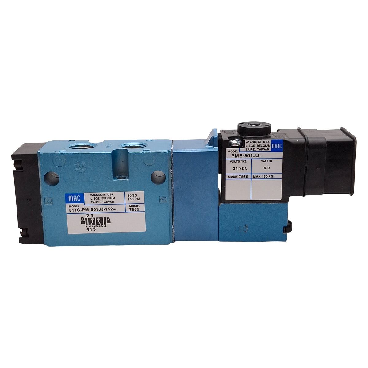 New Mac 811C-PM-501JJ-152 Solenoid Valve, 5/2-Way, 150psi, 1/4in NPTF, 24VDC Coil