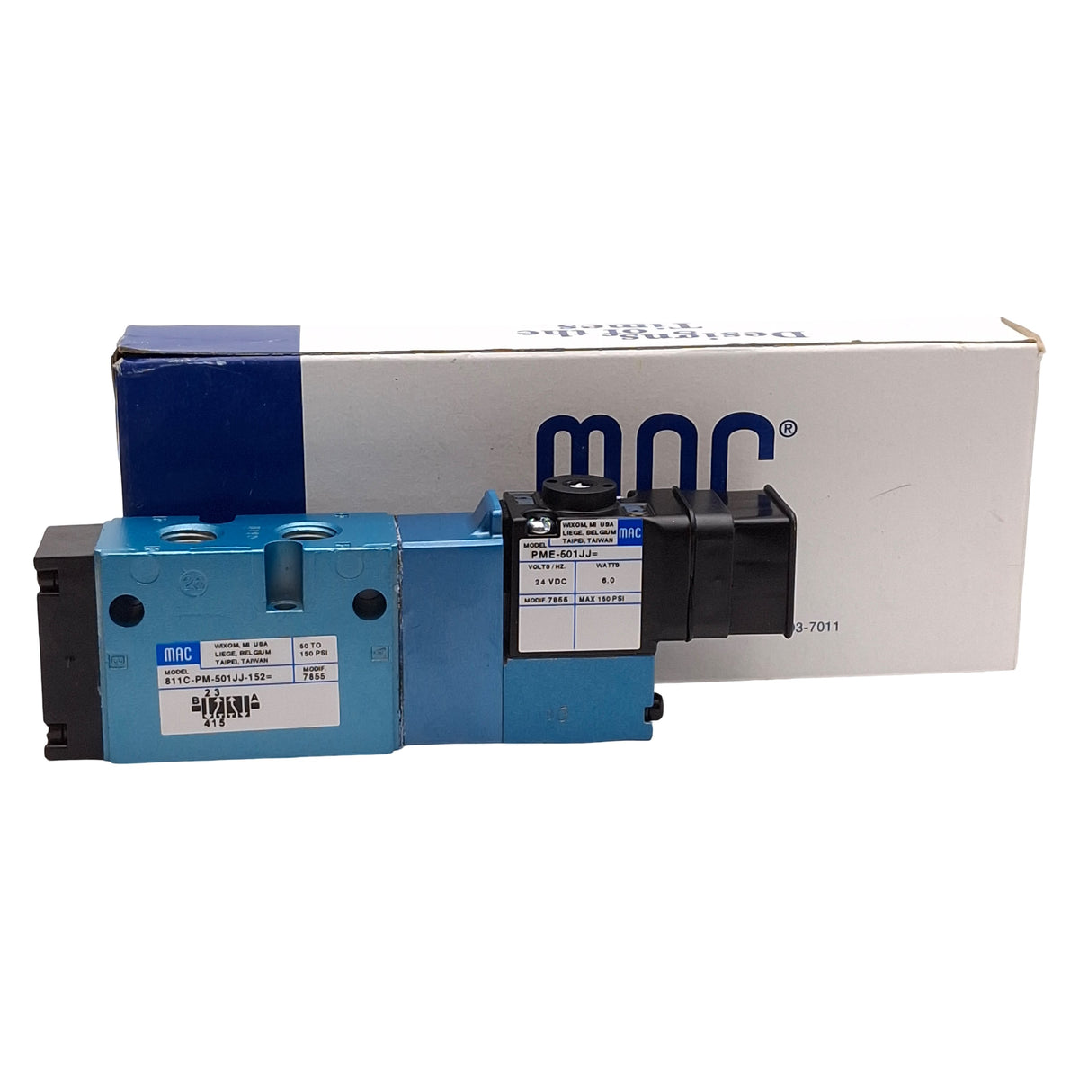New Mac 811C-PM-501JJ-152 Solenoid Valve, 5/2-Way, 150psi, 1/4in NPTF, 24VDC Coil