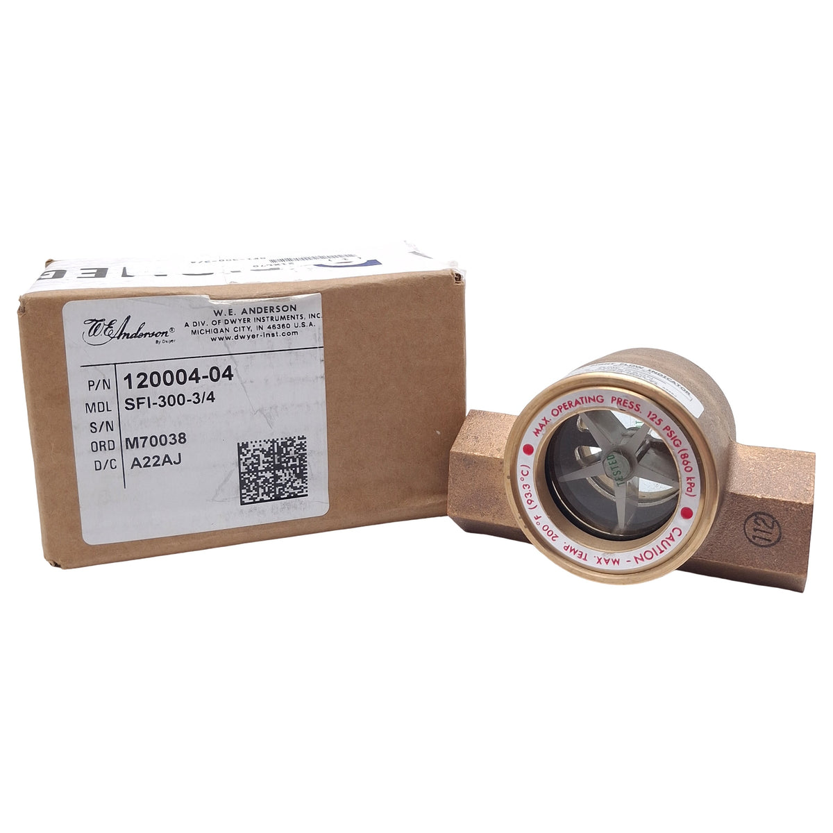 New W.E. Anderson SFI-300-3/4 Double-Window Sight Flow Indicator, 3/4in NPT, 125psi