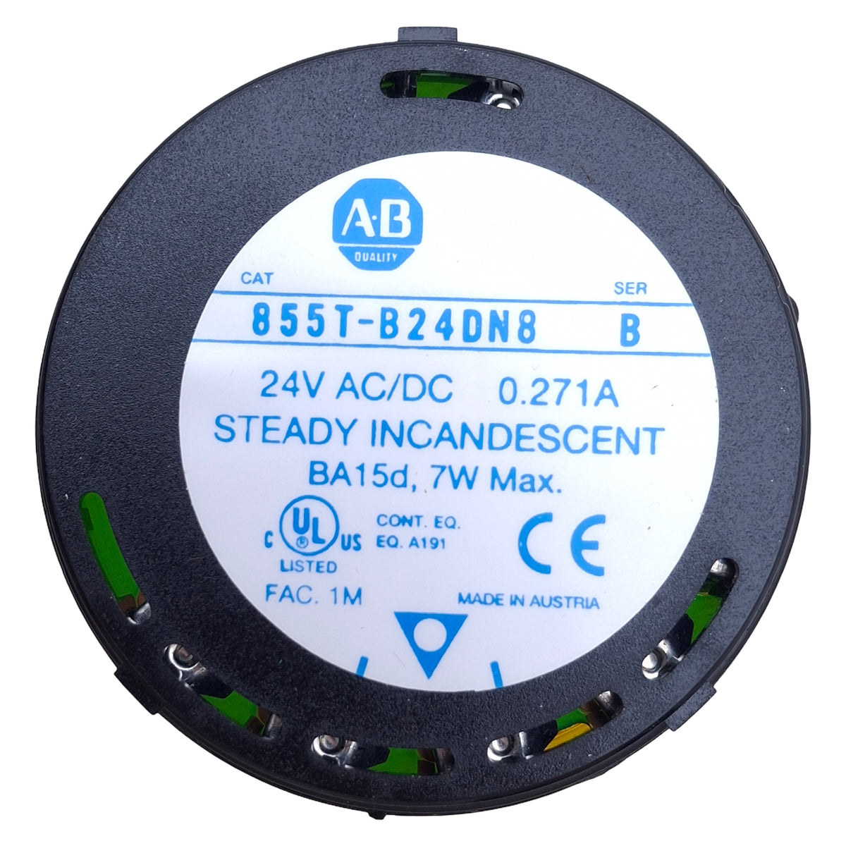 Used Allen Bradley 855T-B24DN8 Yellow Incandescent Stack Light Module, 24VAC/DC, 70mm