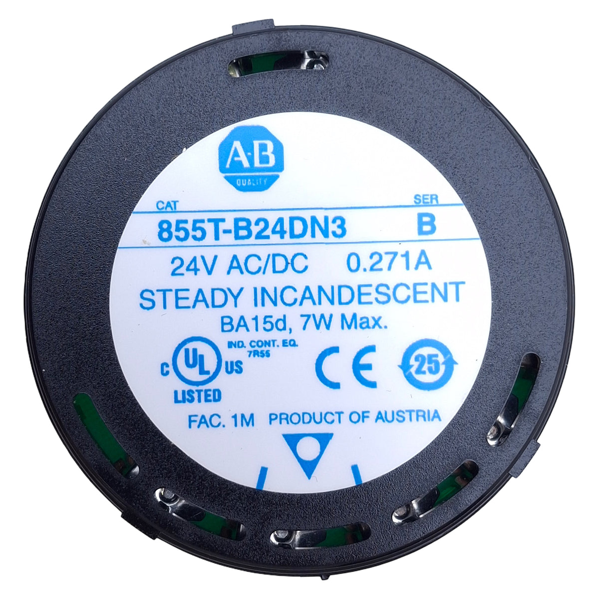 Used Allen Bradley 855T-B24DN3 Green Incandescent Stack Light Module, 24VAC/DC, 70mm