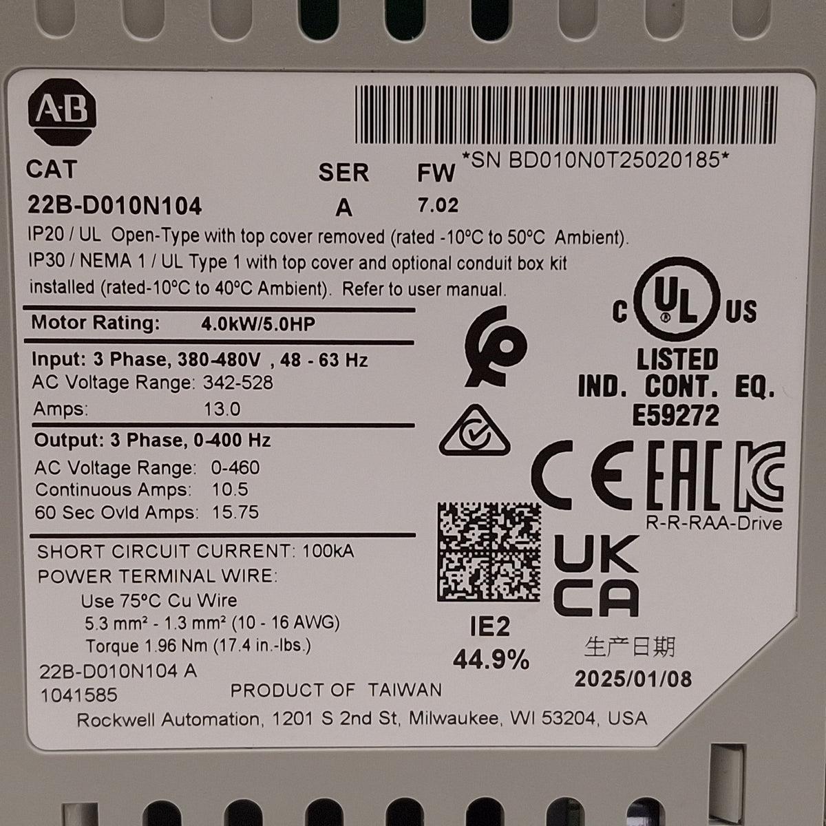 New – Open box Allen Bradley 22B-D010N104 PowerFlex 40 AC Drive, 4.0kW/5.0HP, 3Ø 460VAC 10.5A