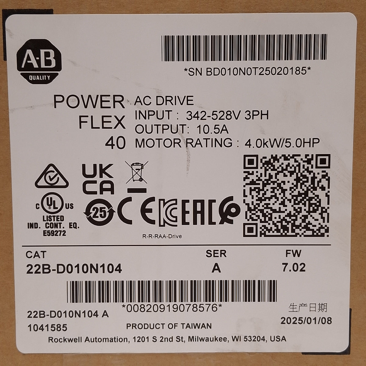 New – Open box Allen Bradley 22B-D010N104 PowerFlex 40 AC Drive, 4.0kW/5.0HP, 3Ø 460VAC 10.5A