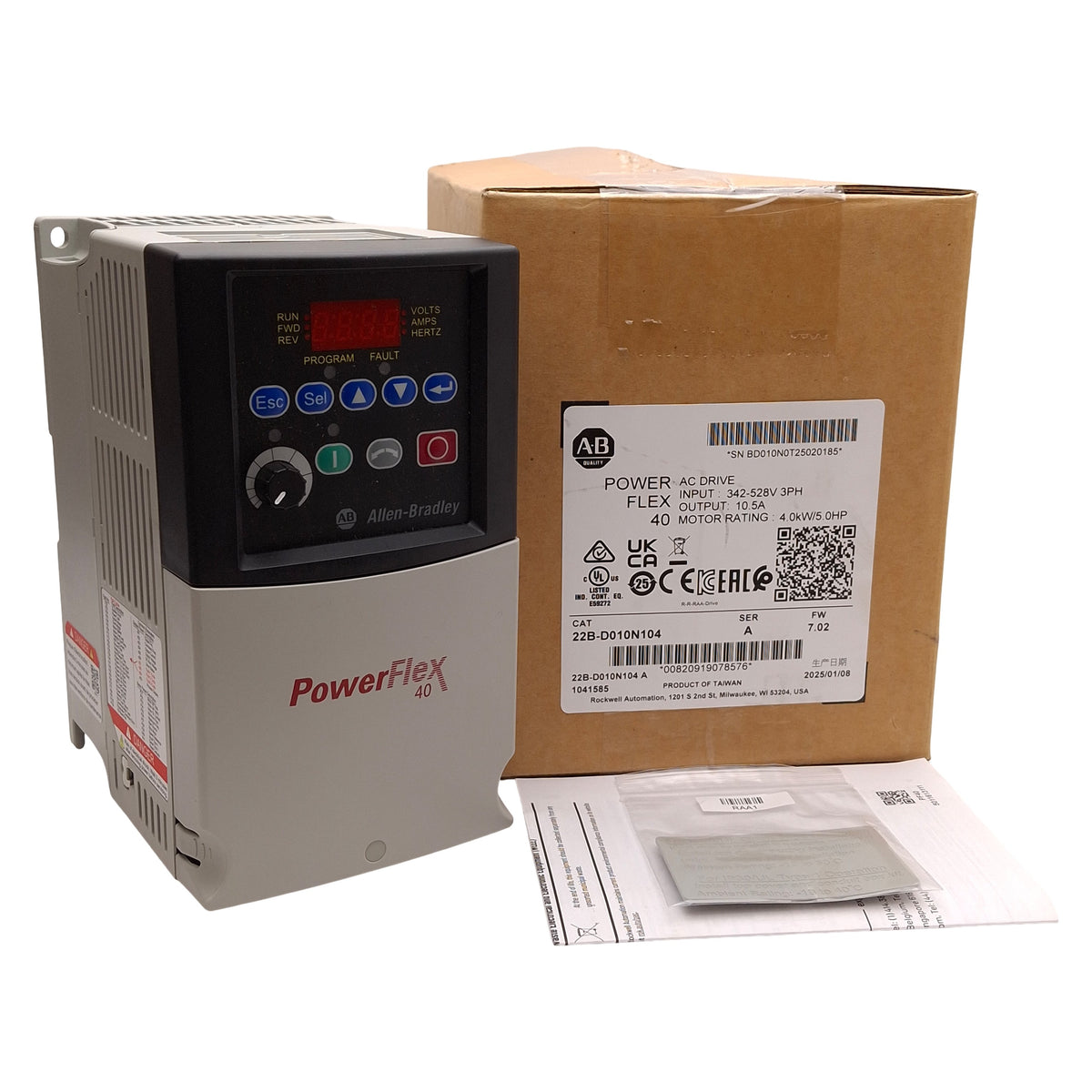 New – Open box Allen Bradley 22B-D010N104 PowerFlex 40 AC Drive, 4.0kW/5.0HP, 3Ø 460VAC 10.5A