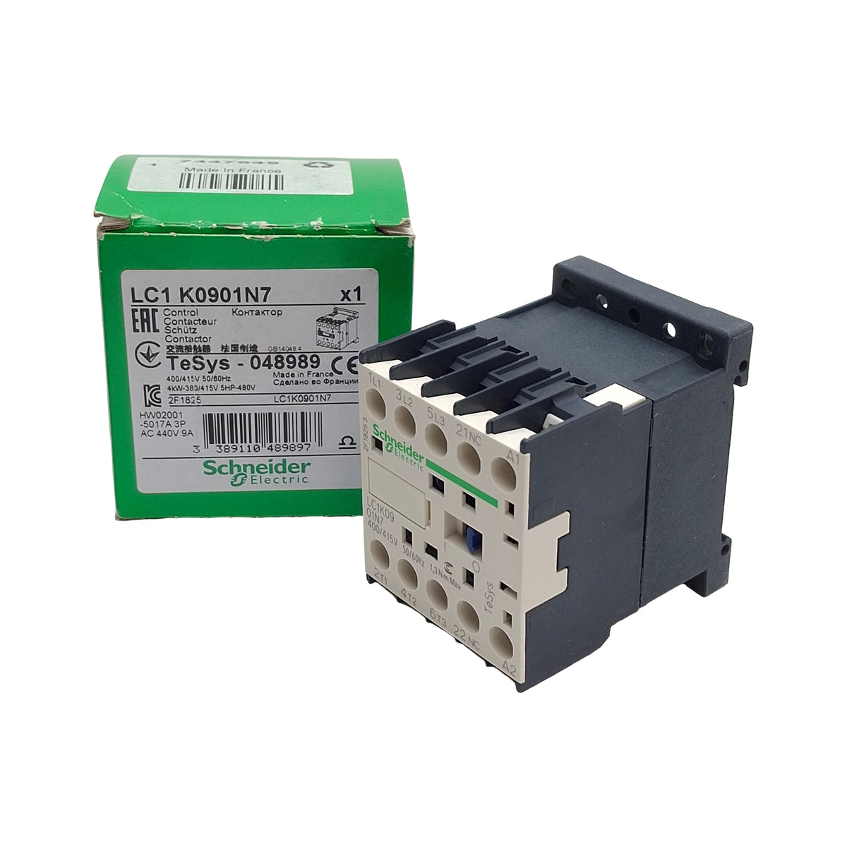 New Schneider Electric LC1K0901N7 Mini Contactor, 3P+1NC, 9A Contact, 400/415V Coil