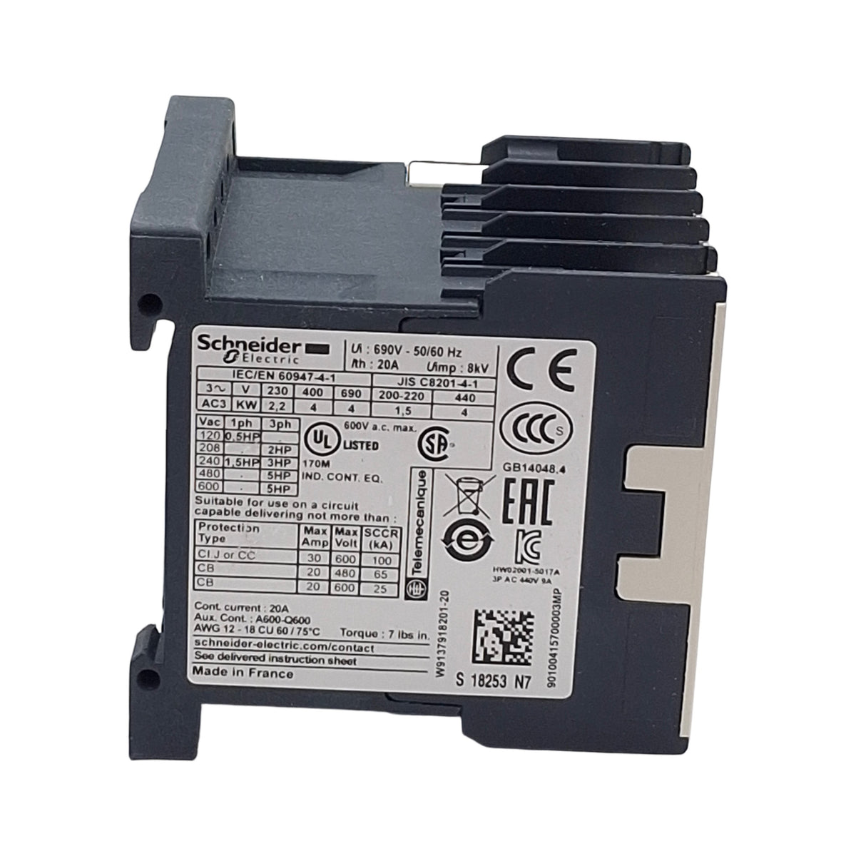 New Schneider Electric LC1K0901N7 Mini Contactor, 3P+1NC, 9A Contact, 400/415V Coil
