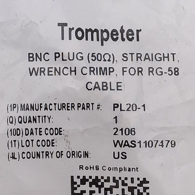 New Cinch PL20-1 Trompeter BNC Plug, 50 Ohm, 500VAC, 4GHz, Wrench Crimp, RG58
