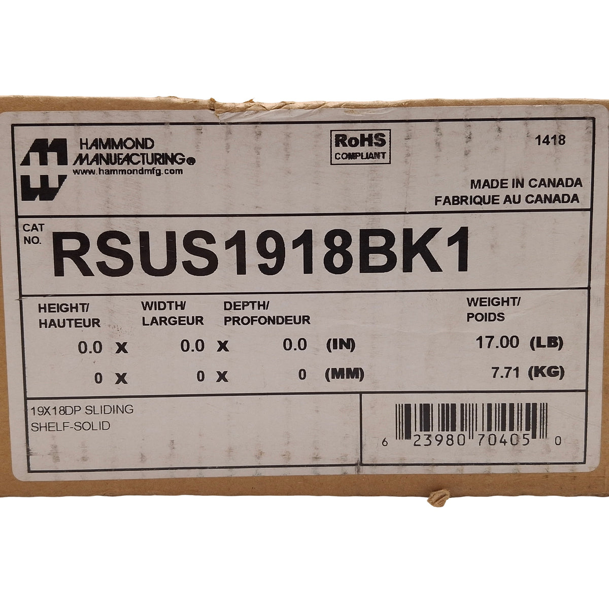 Used Hammond RSUS1918BK1 Sliding Adjustable Depth Steel Rack Shelf, 18in, 130lbs