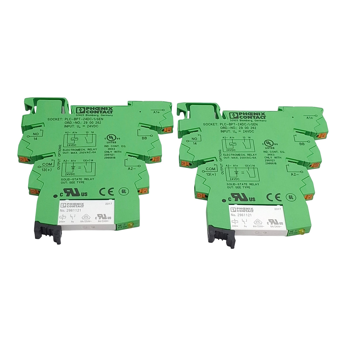 New – Open box Lot of 2 Phoenix Contact 2961121 Relay W/ 2900262 Socket, 6A 250VAC, 24VDC Coil