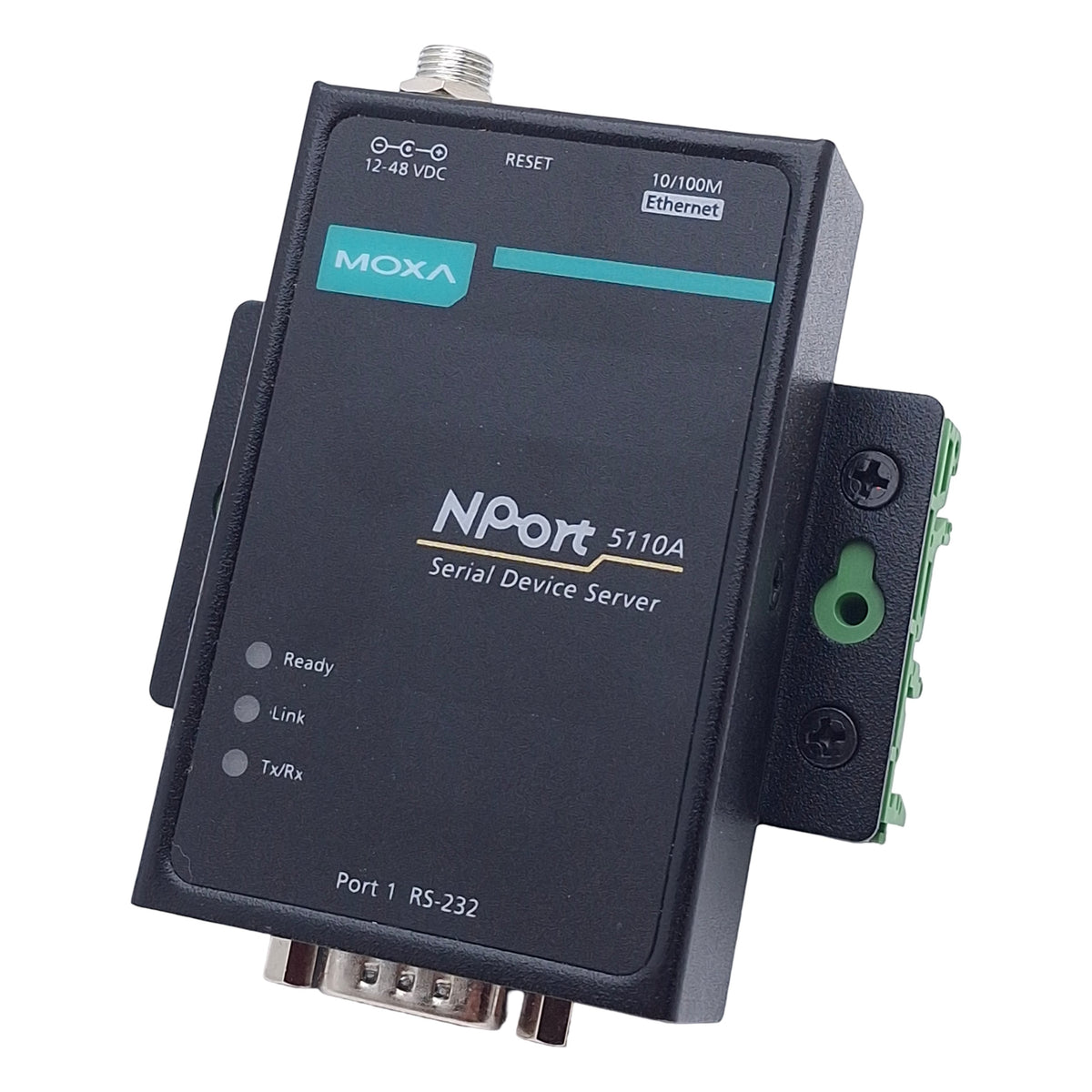 Used Moxa NPort 5110A-T Device Server, RS-232 DB9, RJ45 10/100M Ethernet, 12-28VDC