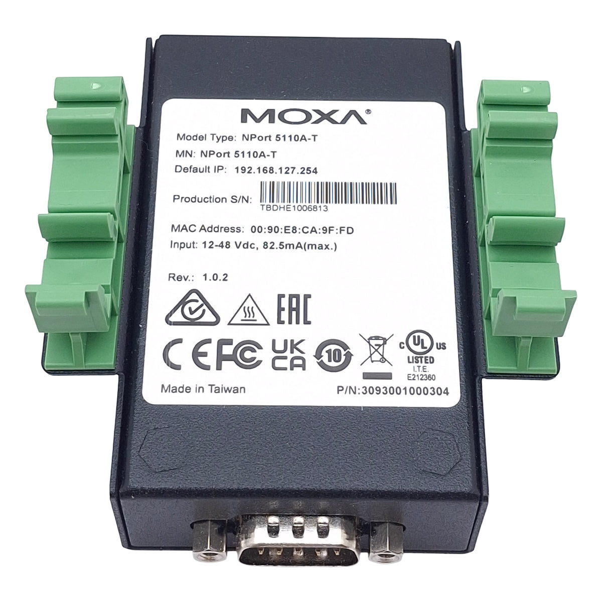 Used Moxa NPort 5110A-T Device Server, RS-232 DB9, RJ45 10/100M Ethernet, 12-28VDC