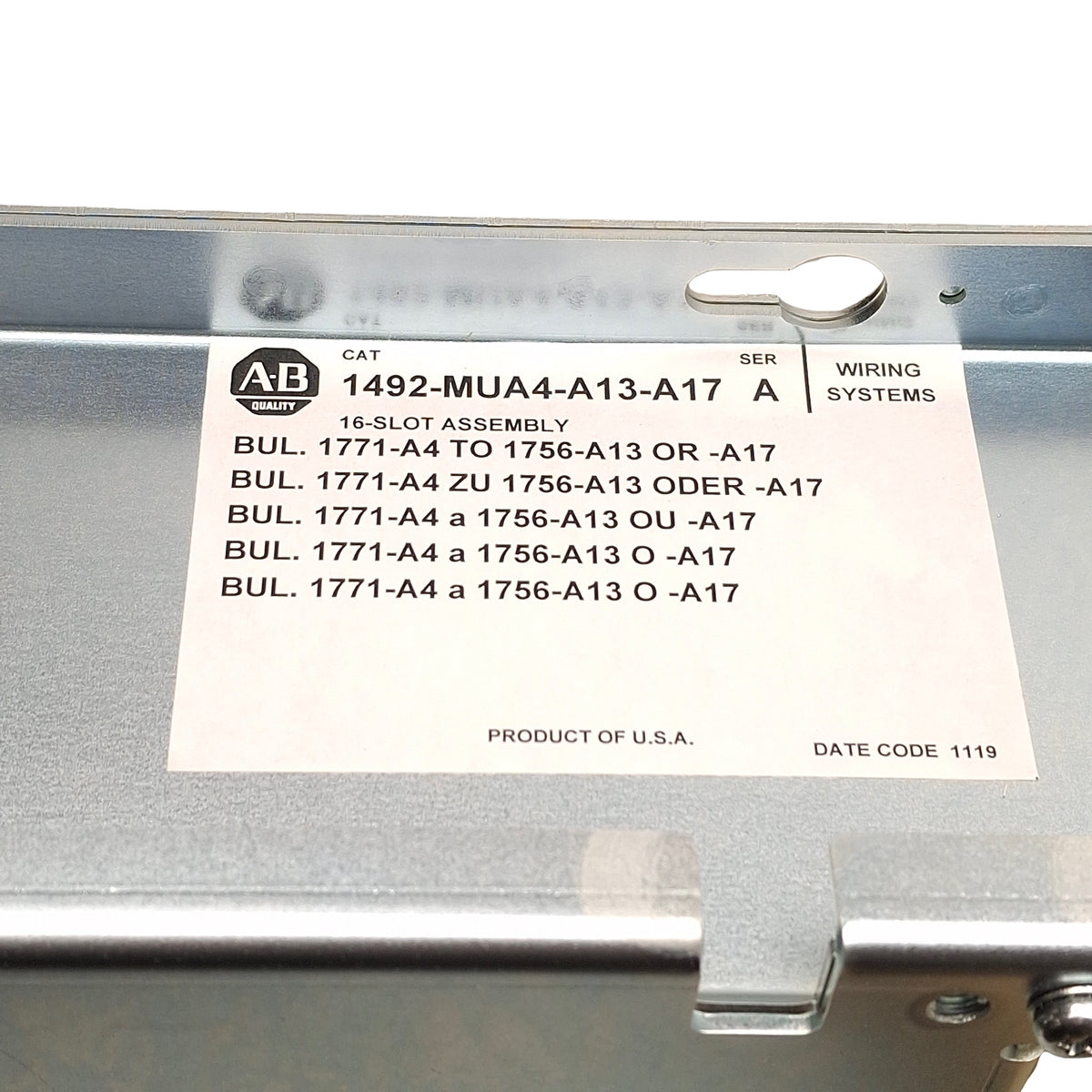New – Open box Allen Bradley 1492-MUA4-A17 PLC Conversion Mount, For 1771-A4B to 1756-A13/A17
