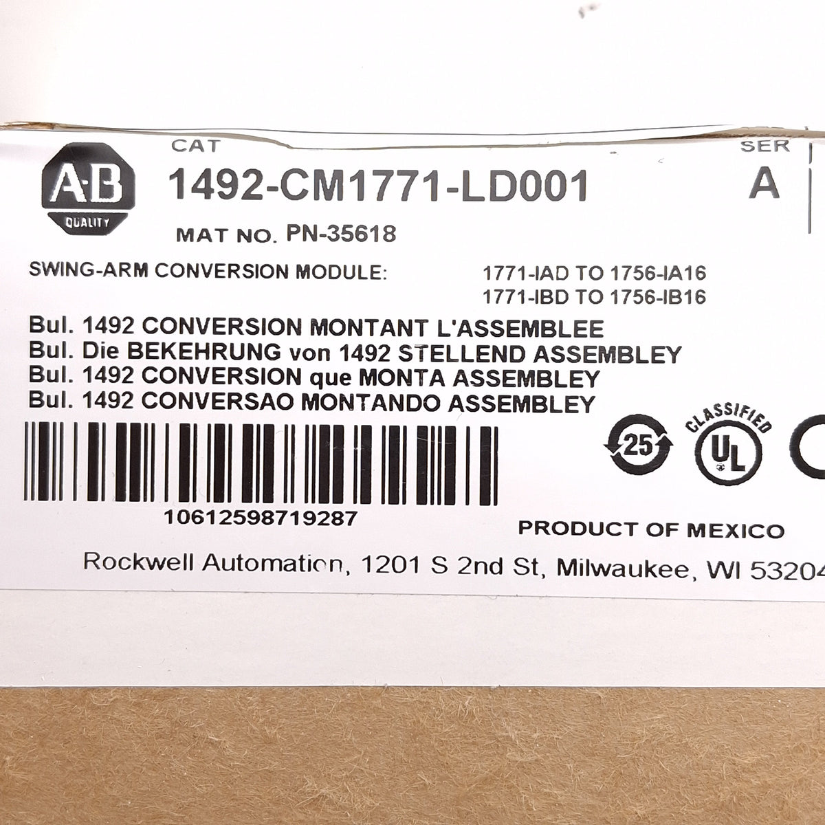 New Allen Bradley 1492-CM1771-LD001 Swing Arm Conversion Module, 16pt, 1771 to 1756