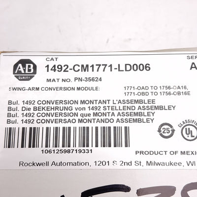 New Allen Bradley 1492-CM1771-LD006 Swing Arm Conversion Module, 16pt, 1771 to 1756
