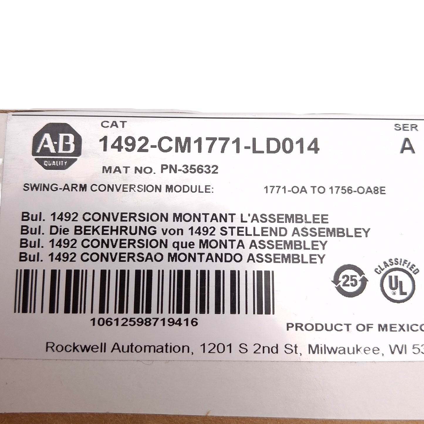 New Allen Bradley 1492-CM1771-LD014 Swing Arm Conversion Module, 8pt, 1771 to 1756