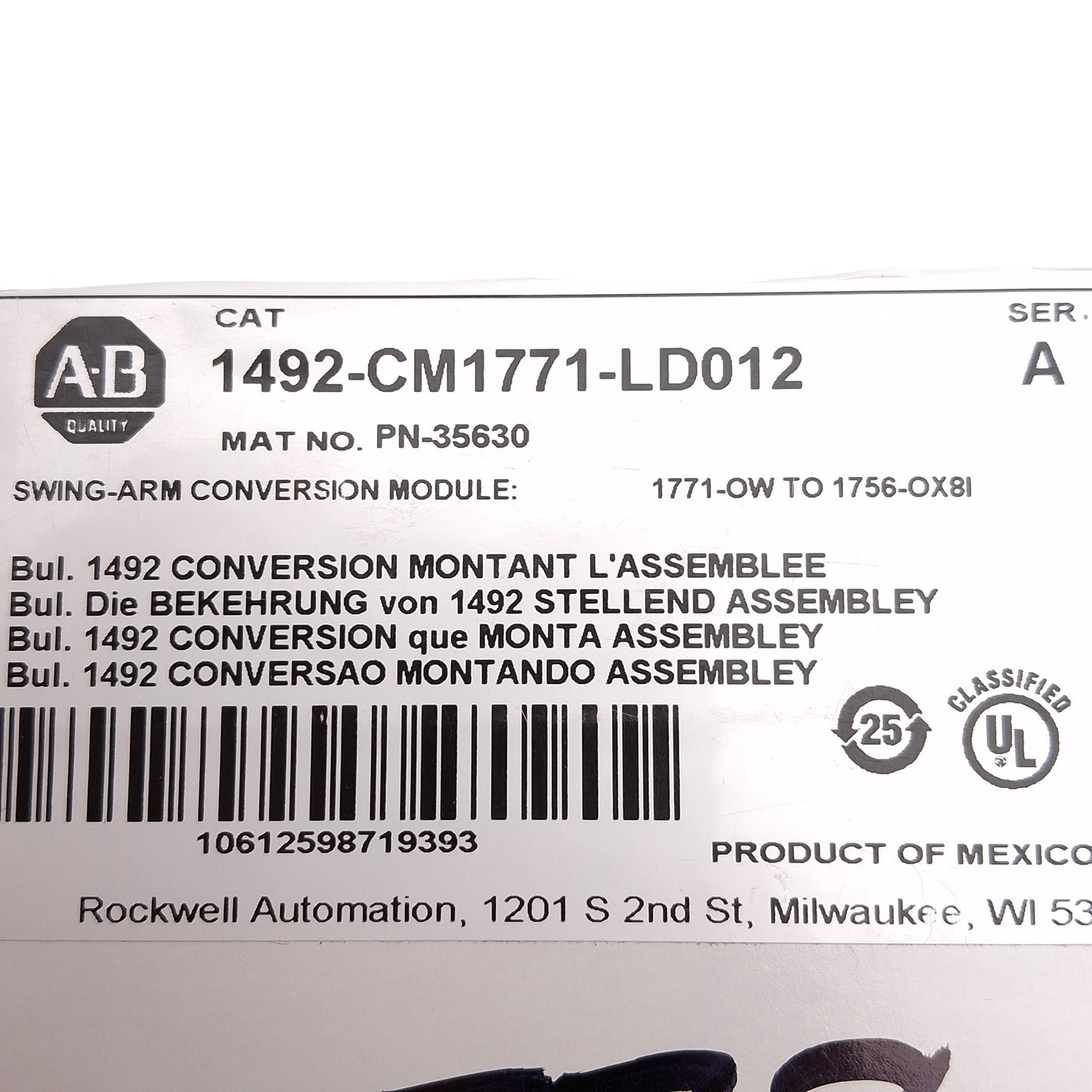 New Allen Bradley 1492-CM1771-LD012 Swing Arm Conversion Module, 8pt, 1771 to 1756