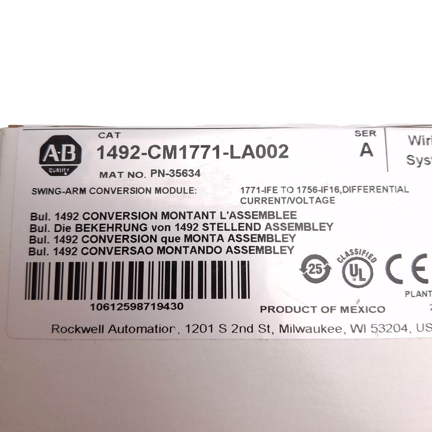 New Allen Bradley 1492-CM1771-LA002 Swing Arm Conversion Module, 8pt, 1771 to 1756