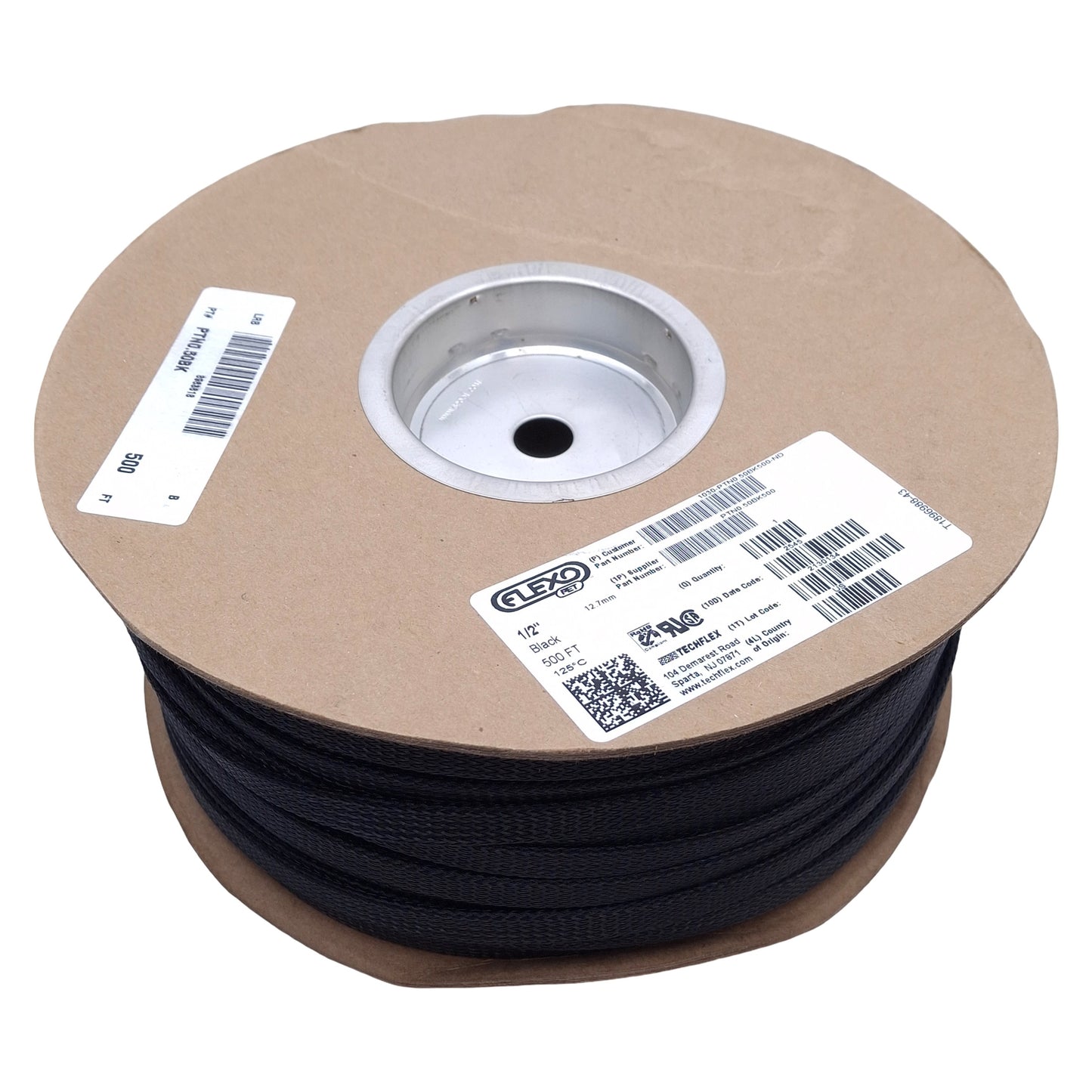 New Techflex PTN0.50BK Black Braided Cable Sleeving, ø1/2in ID, 500ft Length