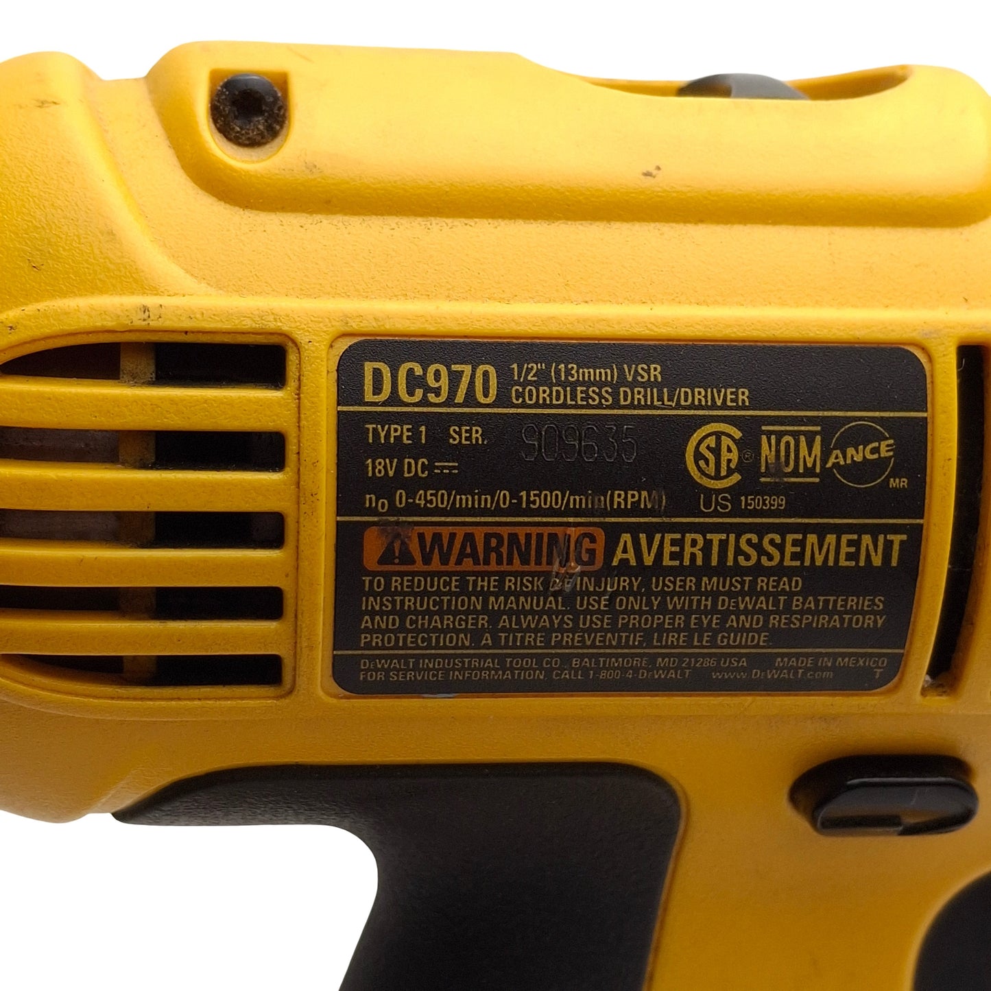 Used Dewalt DC970 Cordless Drill/Driver with Battery & Charger, 18V, 1/2in Chuck
