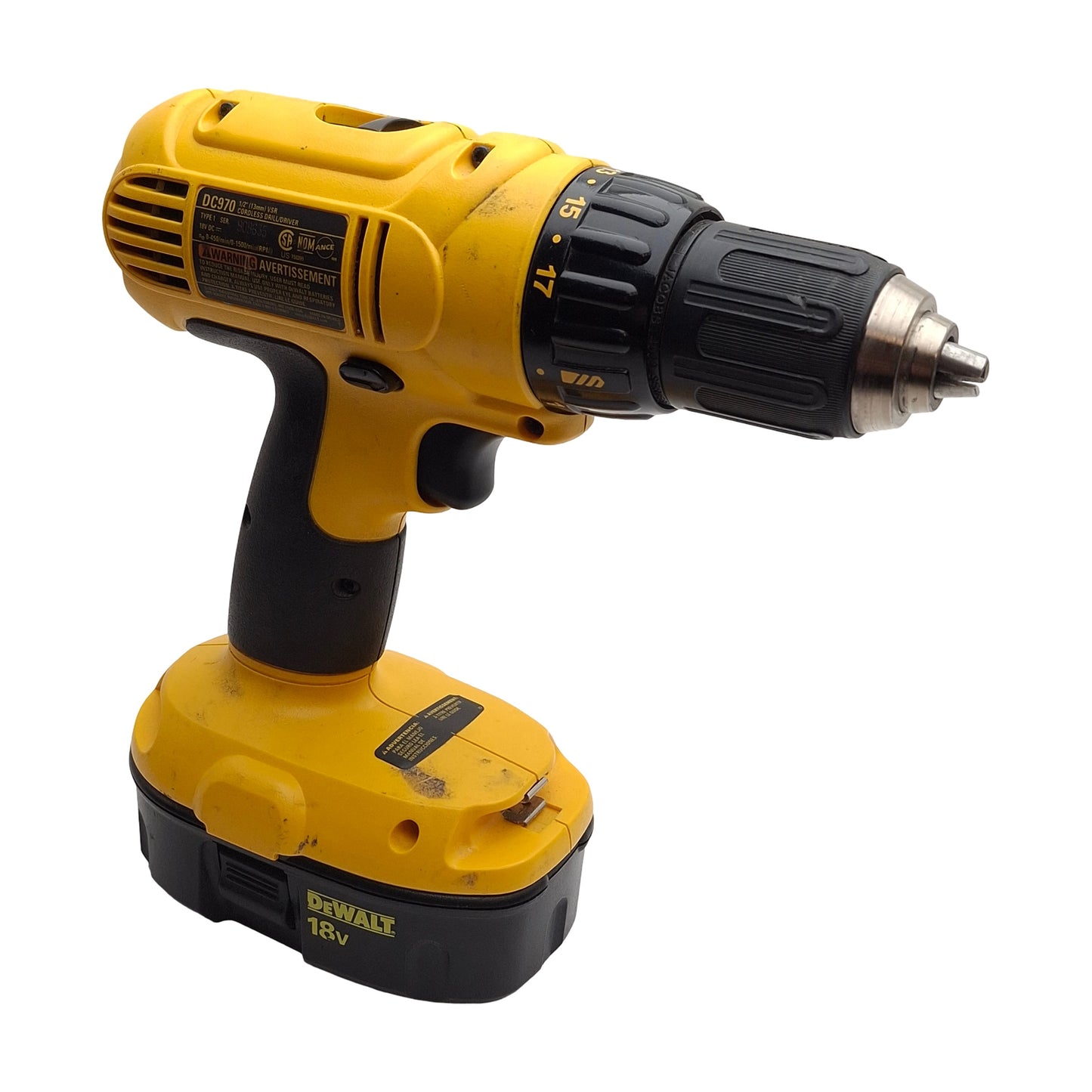 Used Dewalt DC970 Cordless Drill/Driver with Battery & Charger, 18V, 1/2in Chuck