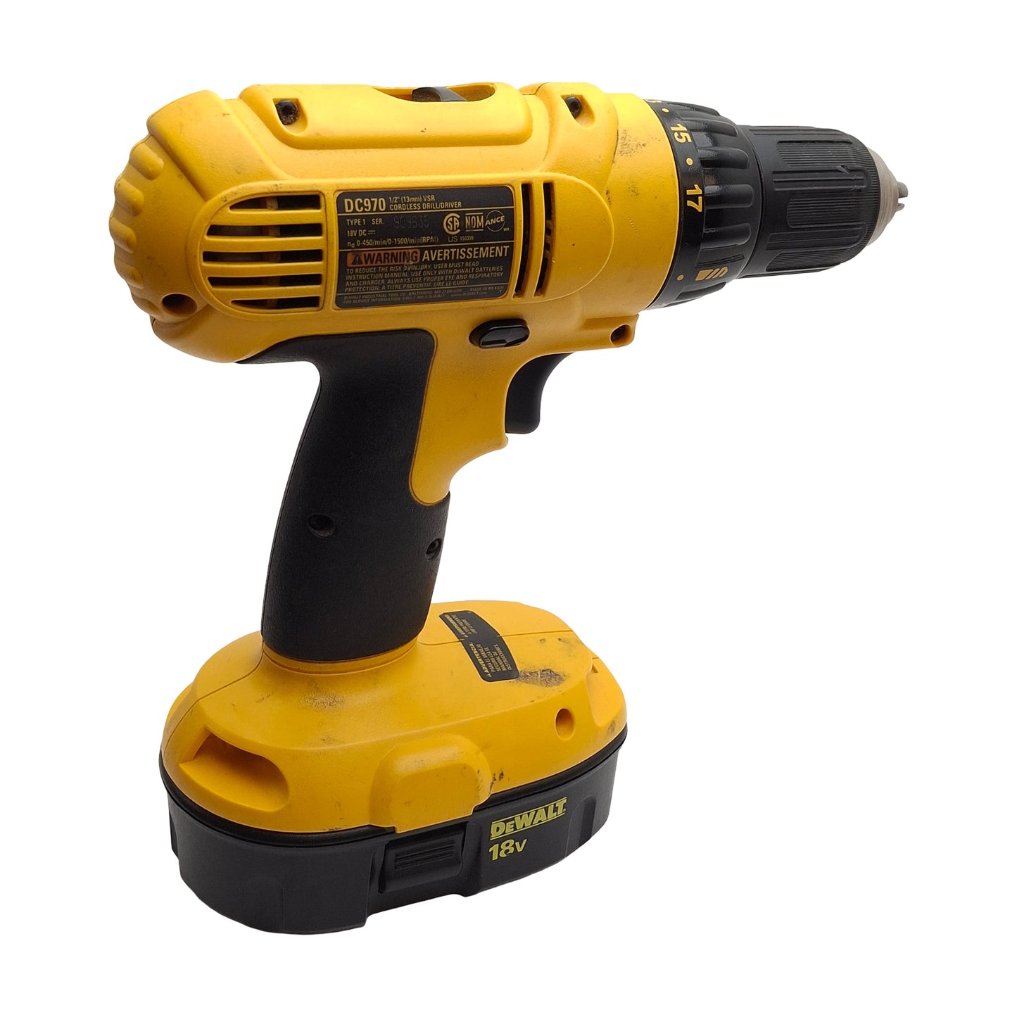Used Dewalt DC970 Cordless Drill/Driver with Battery & Charger, 18V, 1/2in Chuck