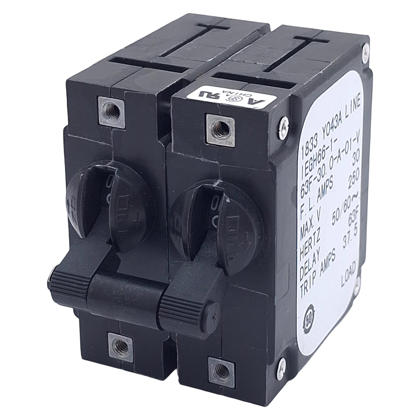 Used Airpax IEGH66-1-63F-30.0-A-01-V Circuit Breaker, 2-Pole, 30A 250VAC, Panel Mount