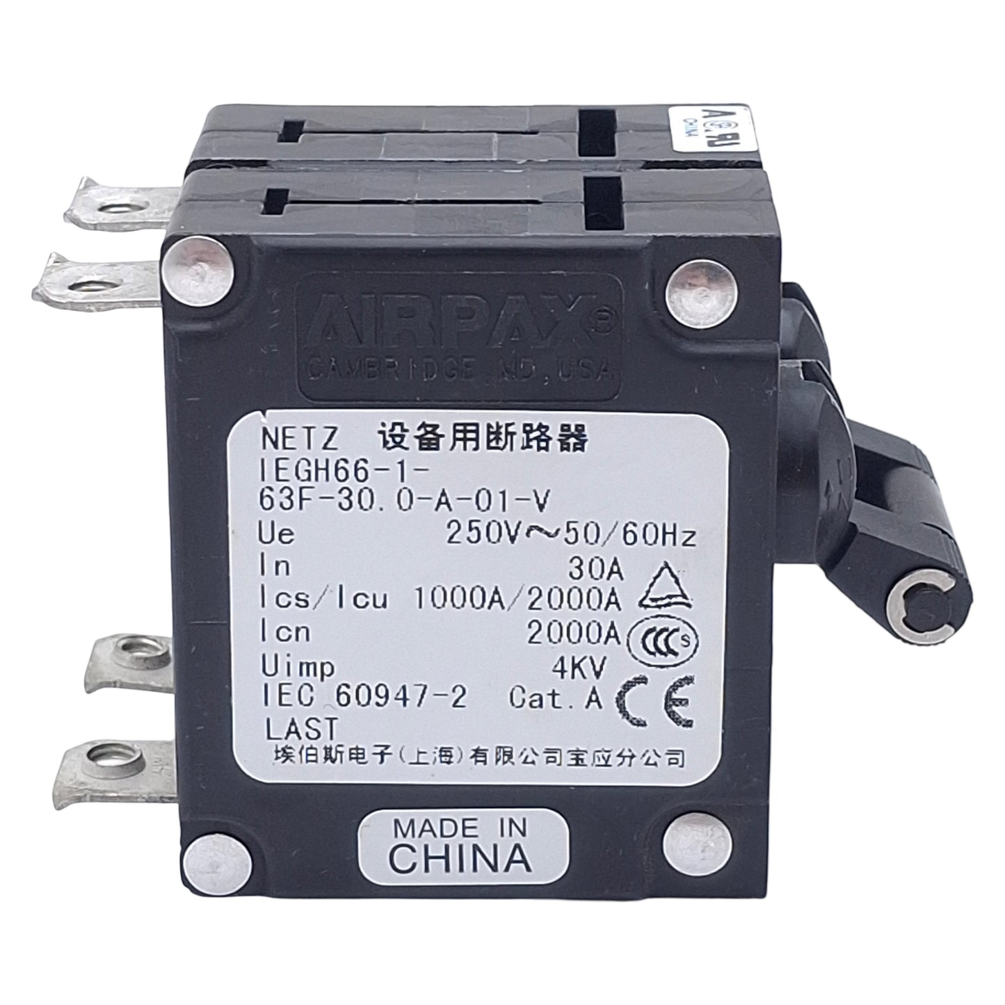 Used Airpax IEGH66-1-63F-30.0-A-01-V Circuit Breaker, 2-Pole, 30A 250VAC, Panel Mount