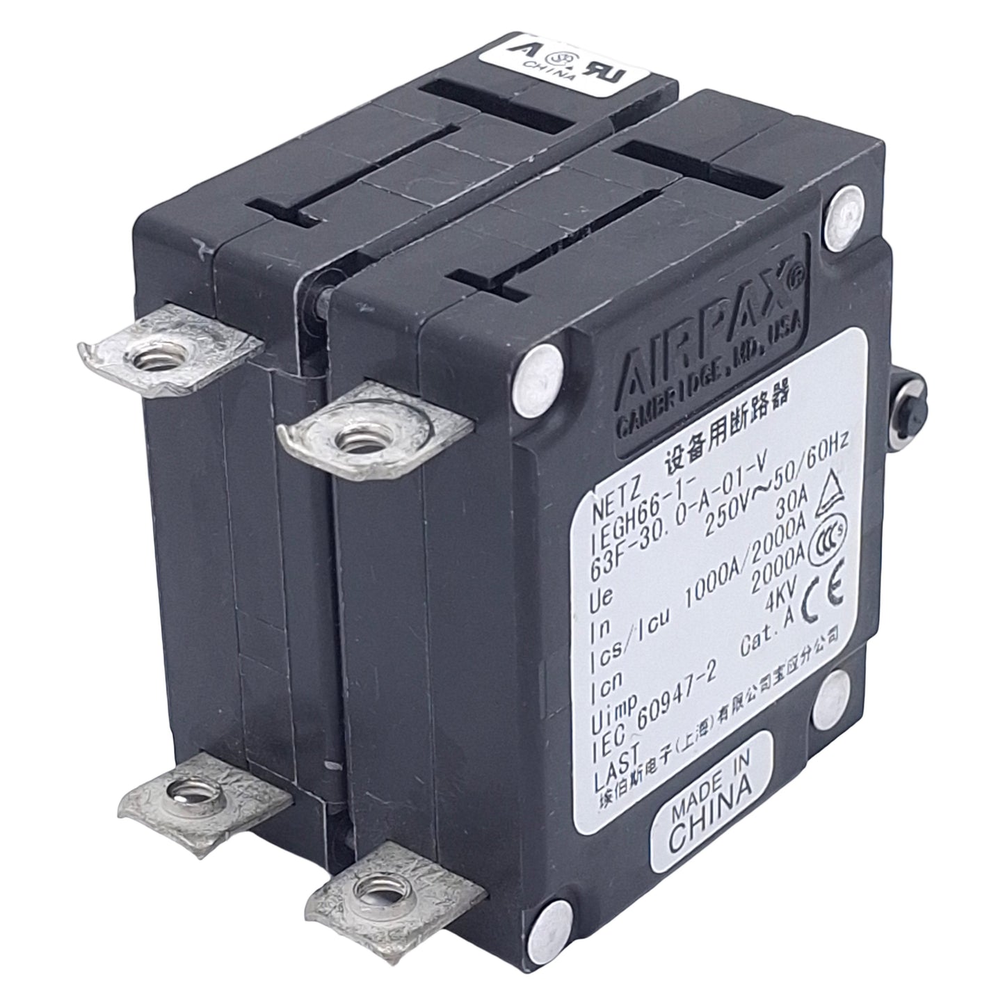 Used Airpax IEGH66-1-63F-30.0-A-01-V Circuit Breaker, 2-Pole, 30A 250VAC, Panel Mount