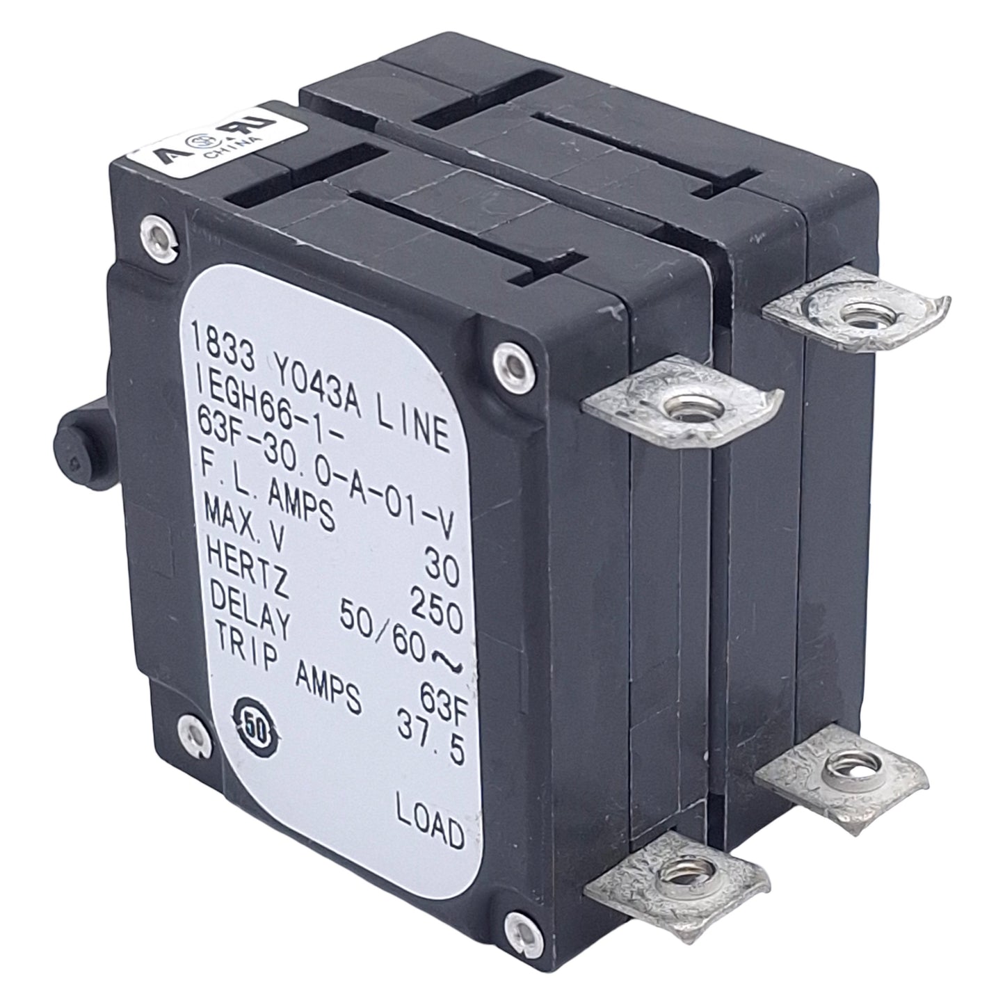 Used Airpax IEGH66-1-63F-30.0-A-01-V Circuit Breaker, 2-Pole, 30A 250VAC, Panel Mount