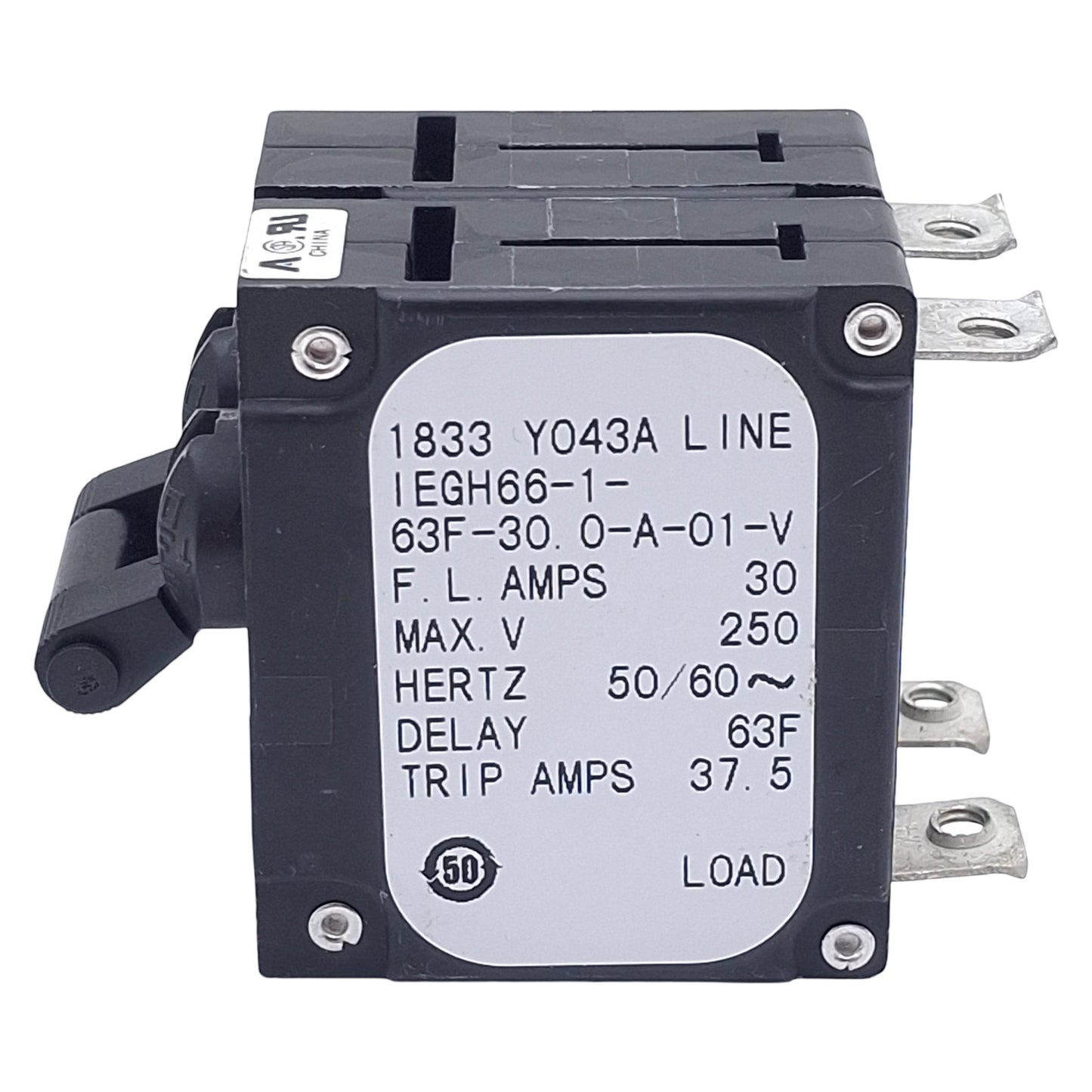 Used Airpax IEGH66-1-63F-30.0-A-01-V Circuit Breaker, 2-Pole, 30A 250VAC, Panel Mount