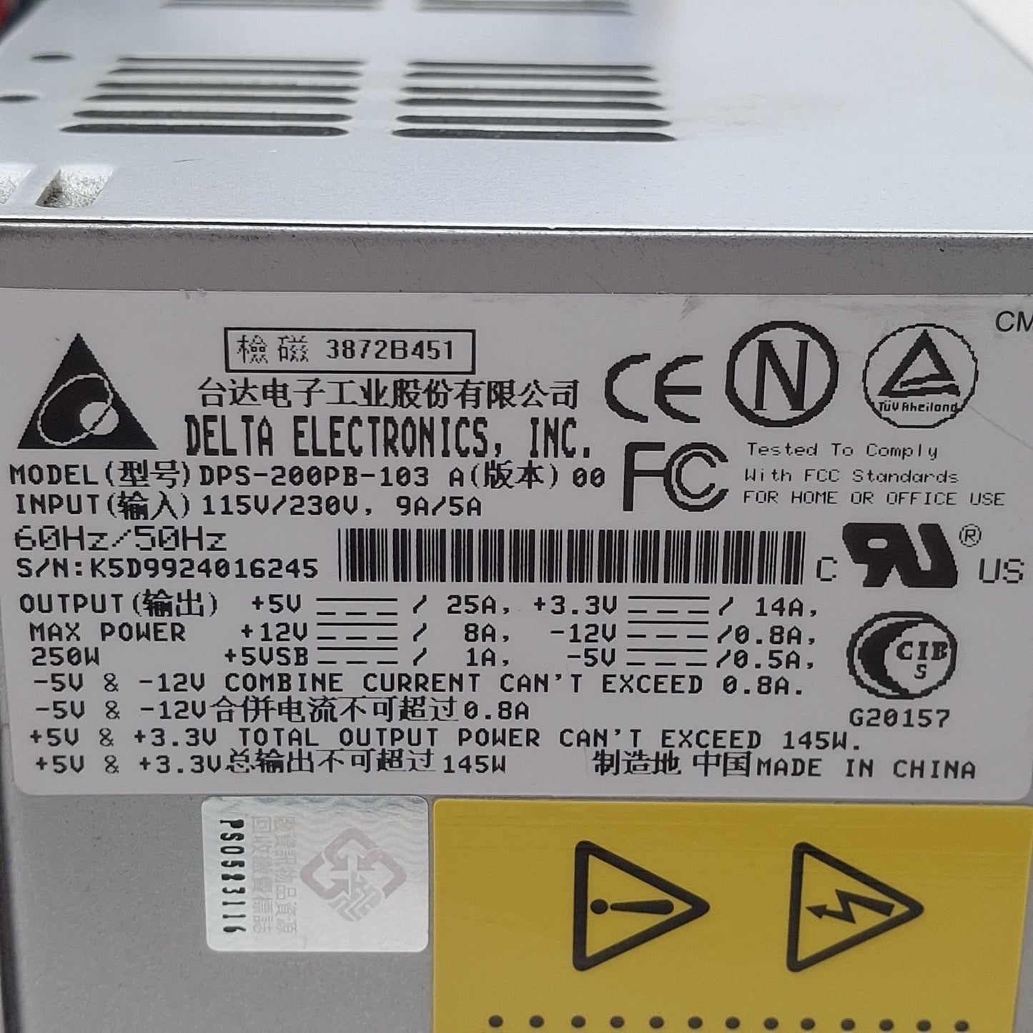 Used Delta Electronics DPS-200PB-103 Power Supply Unit, 115/230VAC In, 250W Out