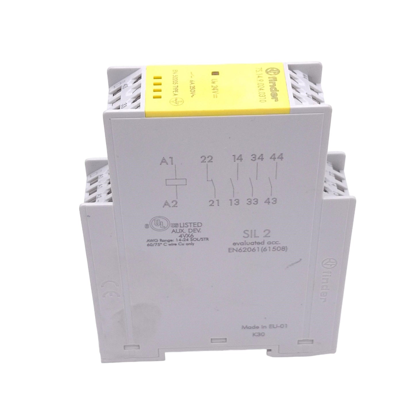 Used Finder 7S.14.9.024.0310 Safety Relay, 3NO 1NC, 6A 250VAC Max, 24VDC Input